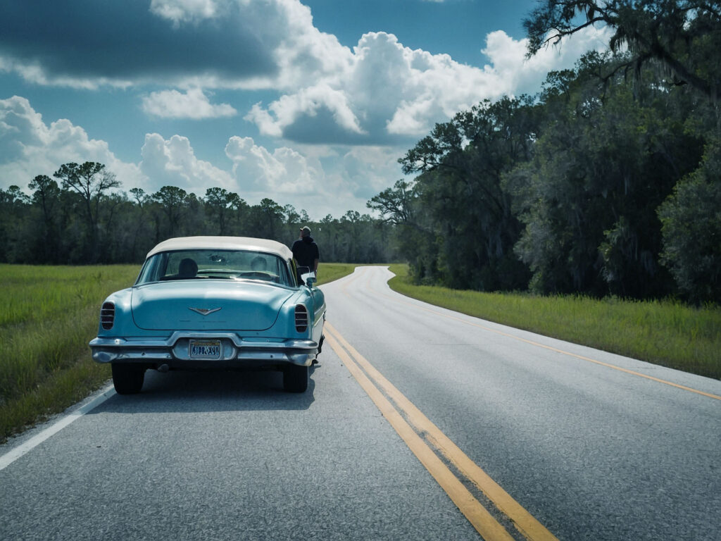 Road Trip with car and man from Tallahassee to Sarasota